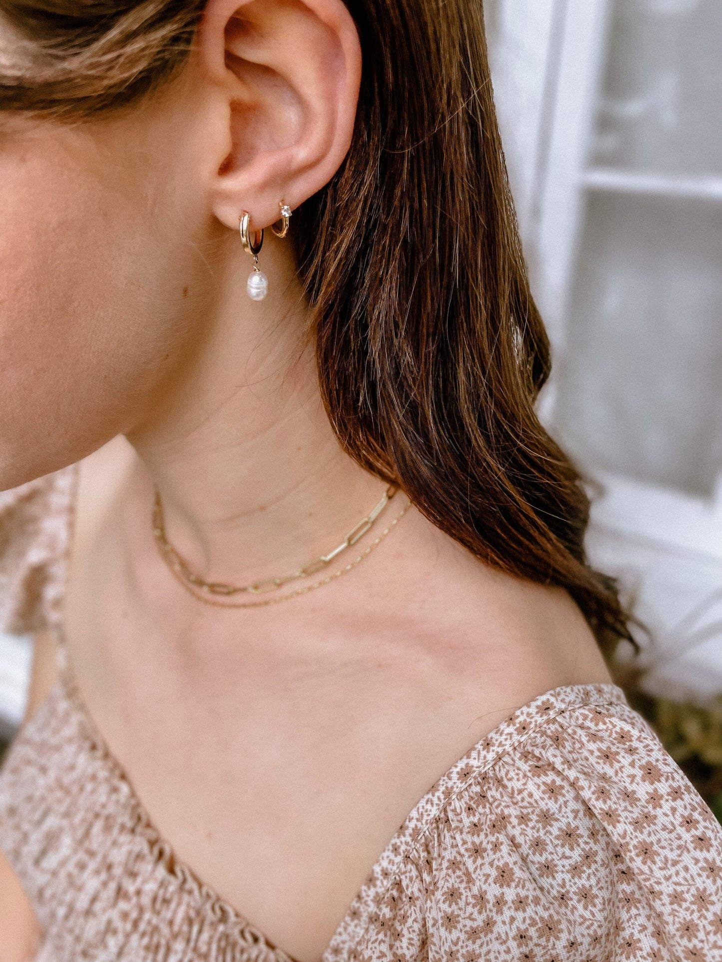 Pearla Huggies // 14k GF or Silver with Freshwater Pearl Hoops